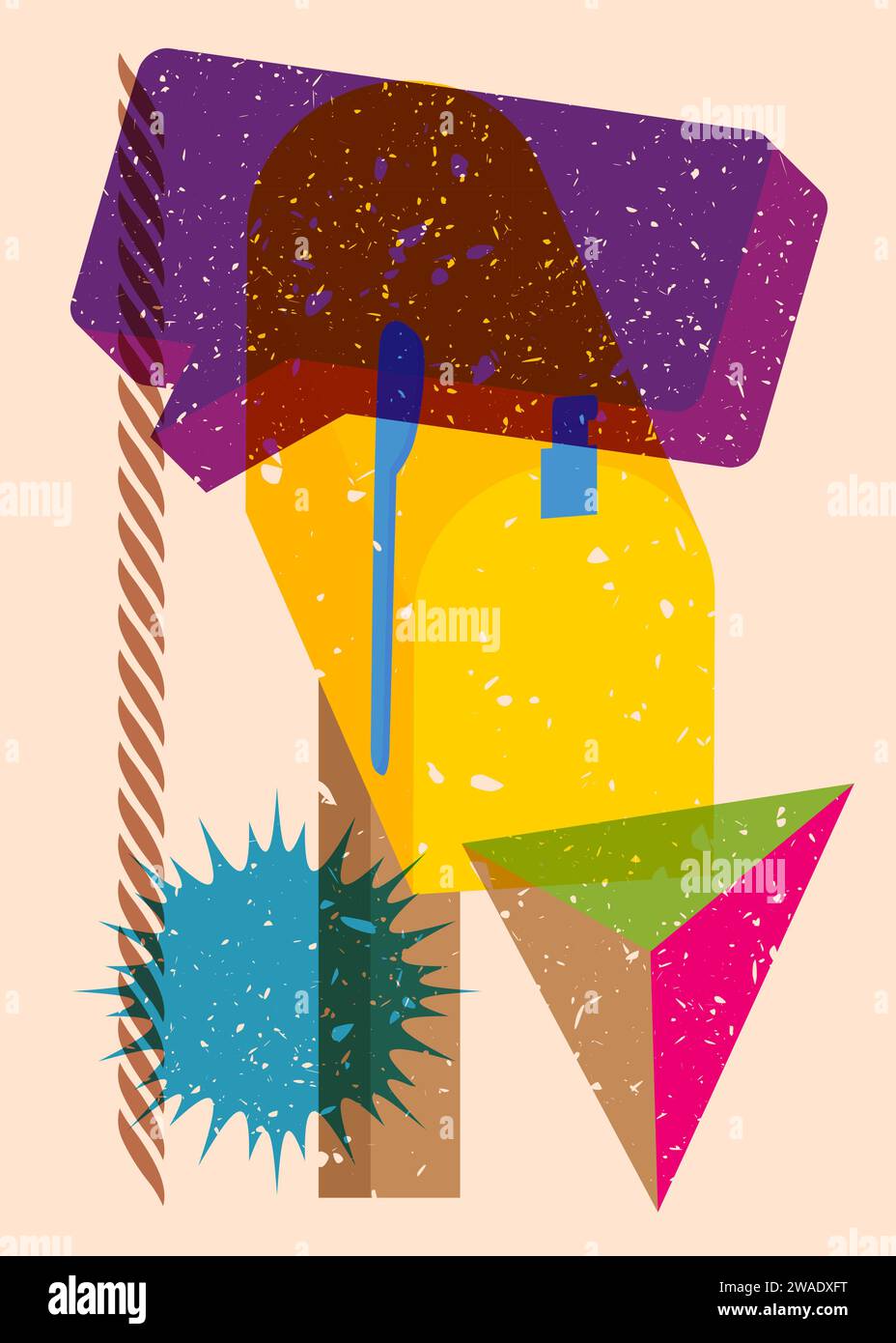 Risograph Mailbox with speech bubble with geometric shapes. Objects in trendy riso graph print texture style design with geometry elements. Stock Vector
