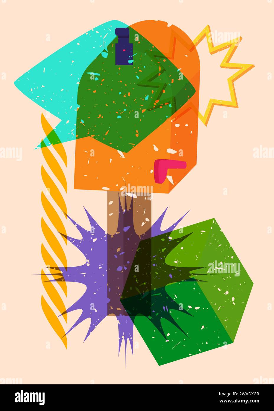 Risograph Mailbox with speech bubble with geometric shapes. Objects in trendy riso graph print texture style design with geometry elements. Stock Vector
