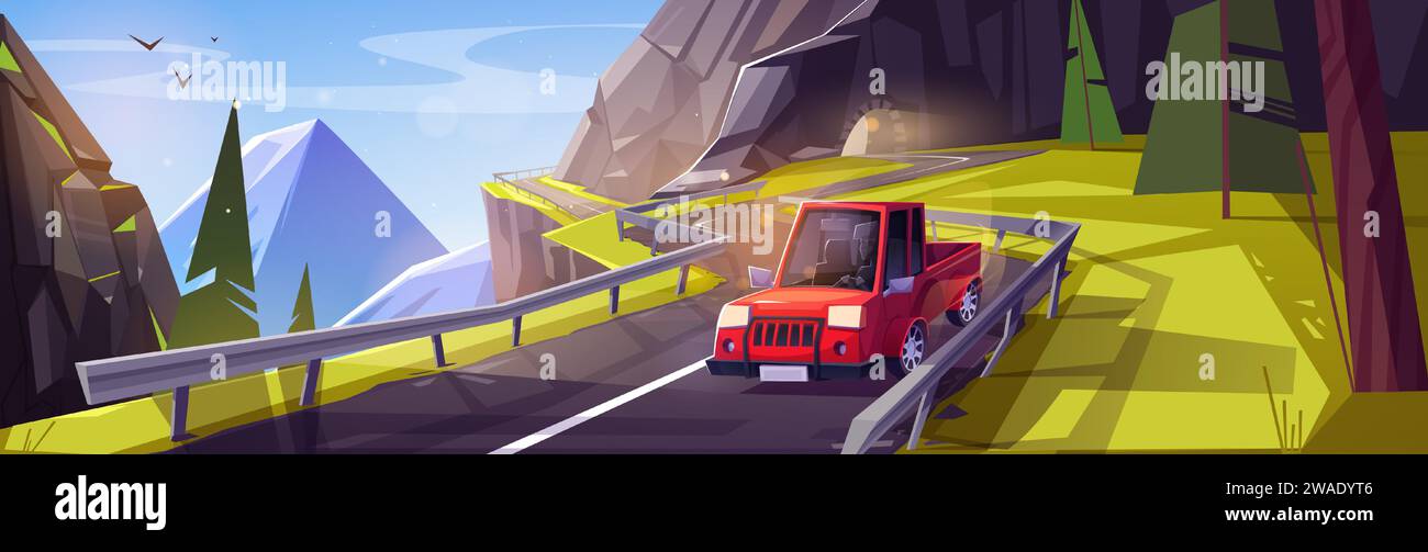 Auto driving curvy mountain road. Vector cartoon illustration of man in car on dangerous winding highway, cliff tunnel arch, rocky landscape with green fir trees, birds flying in blue sunny sky Stock Vector