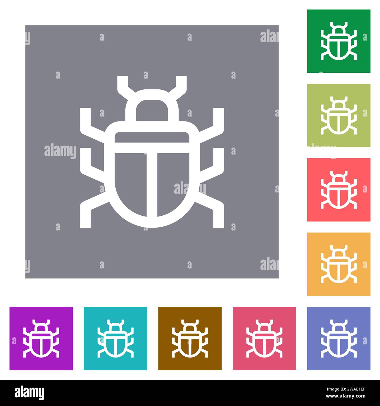 Computer bug outline flat icons on simple color square backgrounds Stock Vector