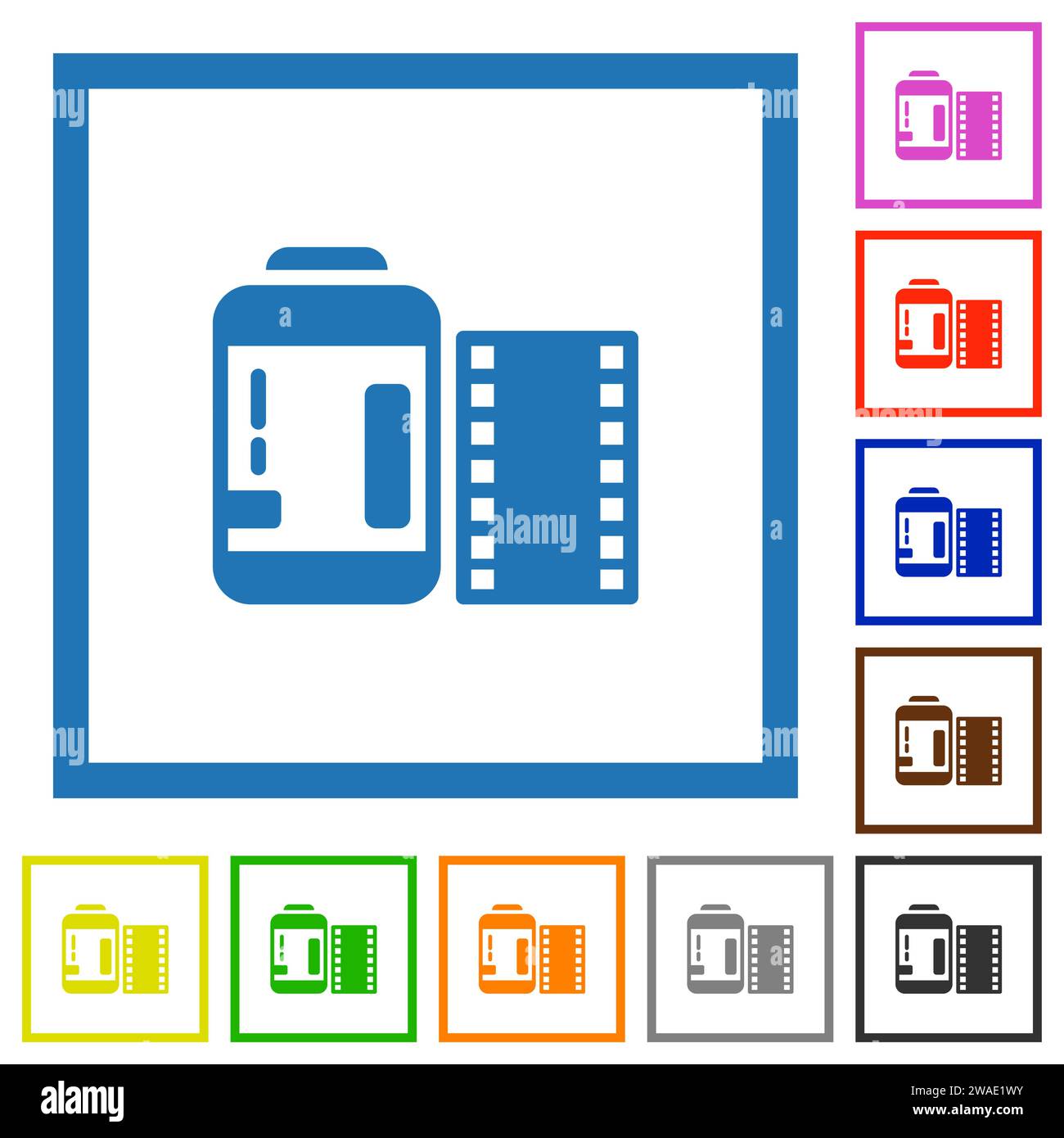 Negative camera film canister flat color icons in square frames on white background Stock Vector