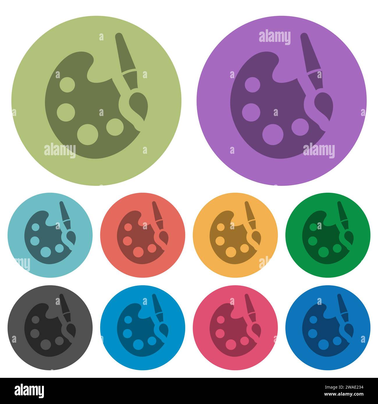 Paint kit solid darker flat icons on color round background Stock Vector