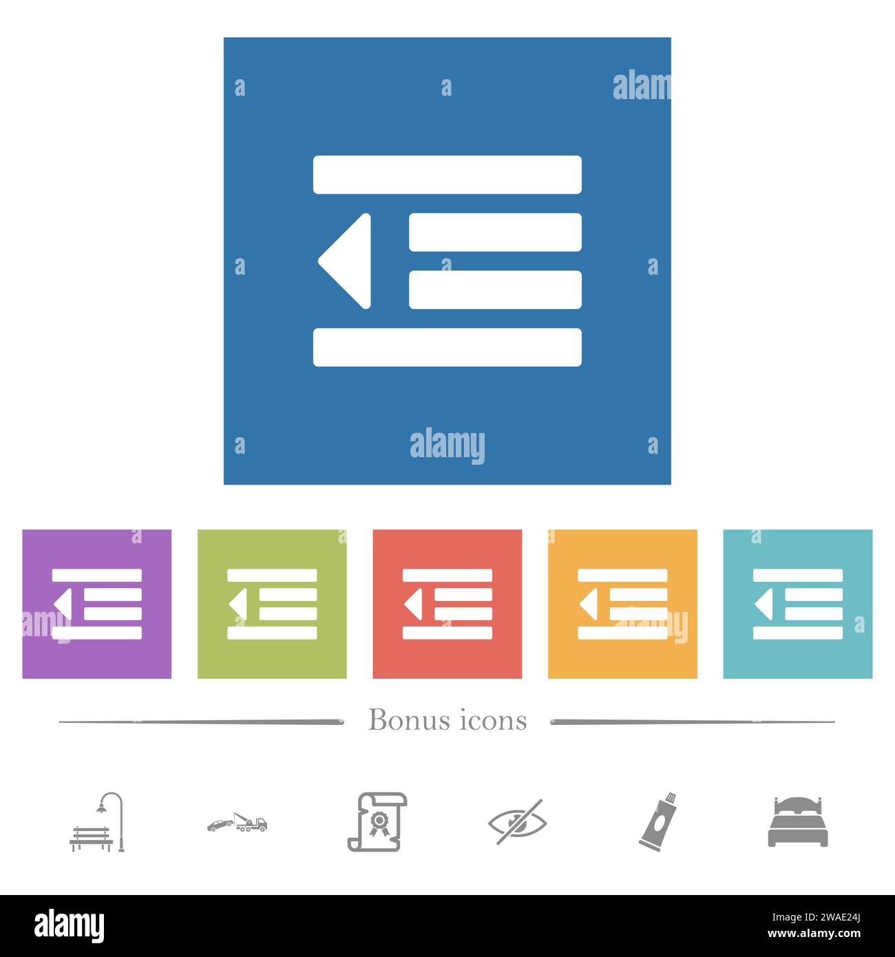 Decrease text indentation flat white icons in square backgrounds. 6 bonus icons included. Stock Vector