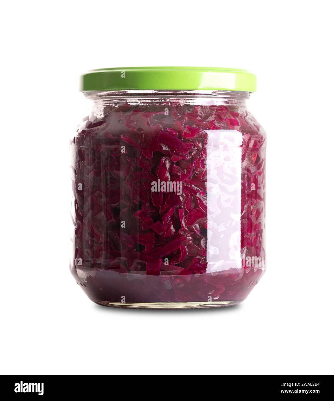 Red cabbage, homemade fermented German Blaukraut in glass jar with lid. Raw red cabbage, fermented by lactic acid bacteria. Stock Photo
