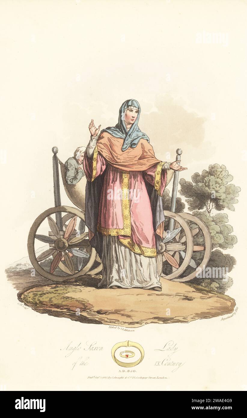 Anglo Saxon woman of the 9th century. Lady in double veil, mantle, embroidered tunic, and long gown from Harley BM MS 2908. Carriage with hammock suspended from poles from the Hexateuch, Cotton MS Claudius B iv, signet ring and bracelet from Tiberius C vi. Handcoloured copperplate engraving etched by John Augustus Atkinson, aquatinted by John Hill, after an illustration by Charles Hamilton Smith from his own Selections of Ancient Costume of Great Britain and Ireland, Colnaghi and Co., London, 1814. Stock Photo