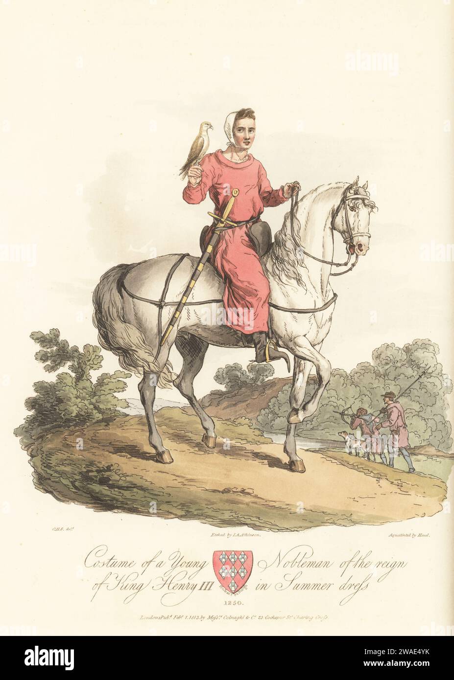 Costume of a young nobleman in summer riding dress, reign of King Henry III. In white coif, long gown, long boots, with sword and spurs, holding a hawk, taken from a book of fables, Royal Library MS 19 C I. Gamekeeper and hunter with crossbow from MS 20 D I. Coat of arms of Hubert de Burgh, Earl of Kent, Gules, seven mascles vaire, 1250. Handcoloured copperplate engraving etched by John Augustus Atkinson, aquatinted by Havell, after an illustration by Charles Hamilton Smith from his own Selections of Ancient Costume of Great Britain and Ireland, Colnaghi and Co., London, 1814. Stock Photo