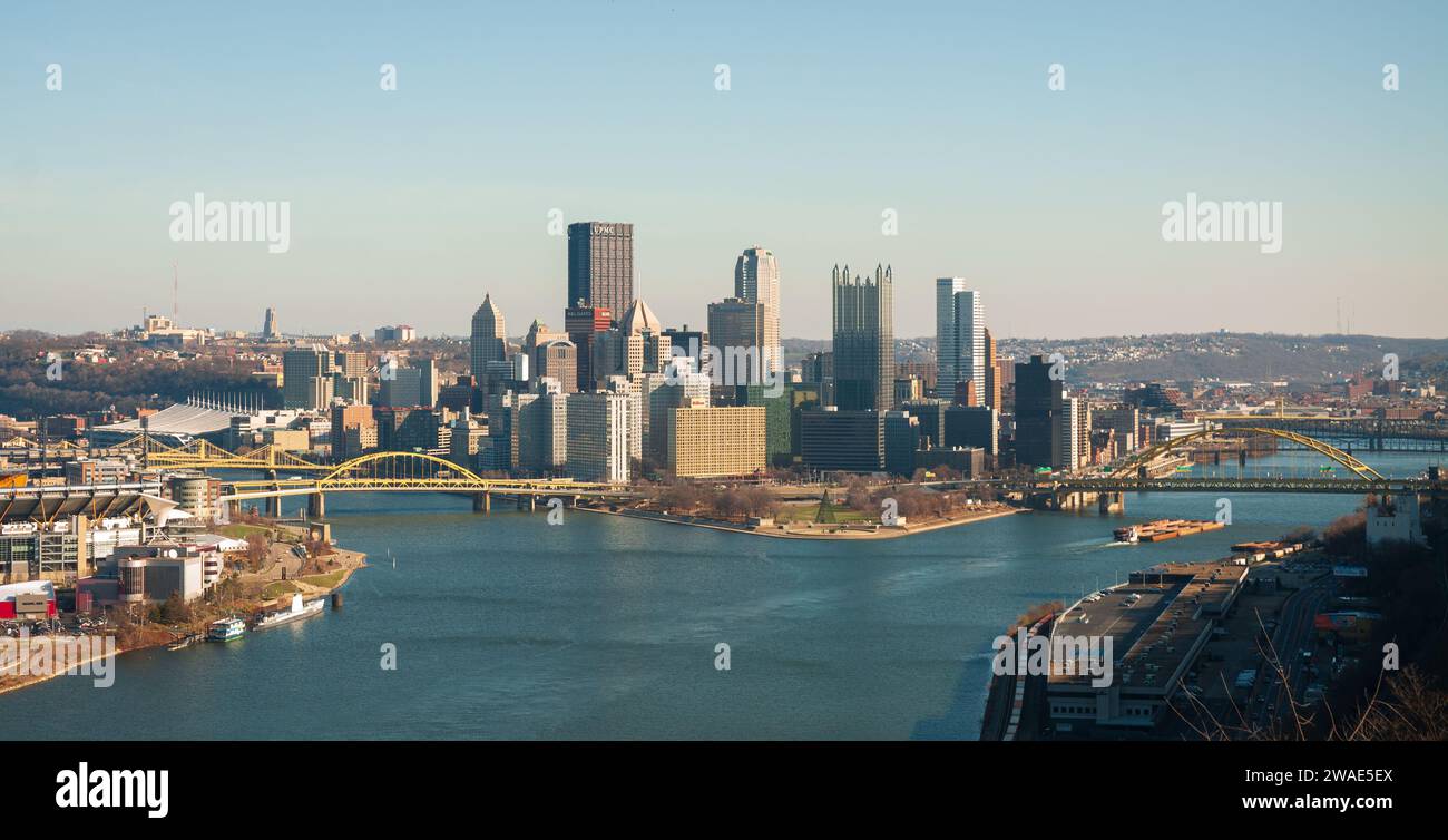 A View of Pittsburgh and the Roberto Clemente Bridge also known at the Sixth Street Bridge Stock Photo