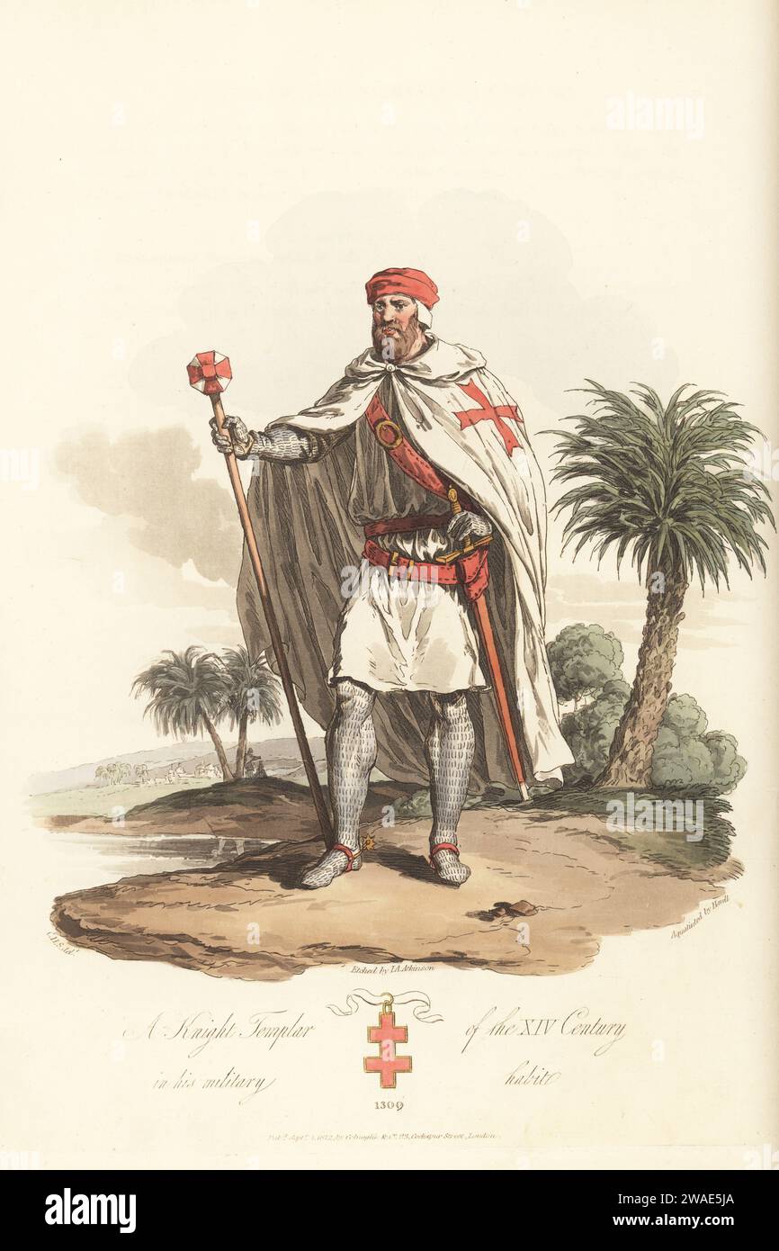A Knight Templar in his military habit, 1309. In red cap on coif, mantle with red cross, white surcoat, chainmail suit, armed with mace and sword. From a print in Sir William Dugdale's Monasticon Anglicanum. Handcoloured copperplate engraving etched by John Augustus Atkinson, aquatinted by Havell, after an illustration by Charles Hamilton Smith from his own Selections of Ancient Costume of Great Britain and Ireland, Colnaghi and Co., London, 1814. Stock Photo