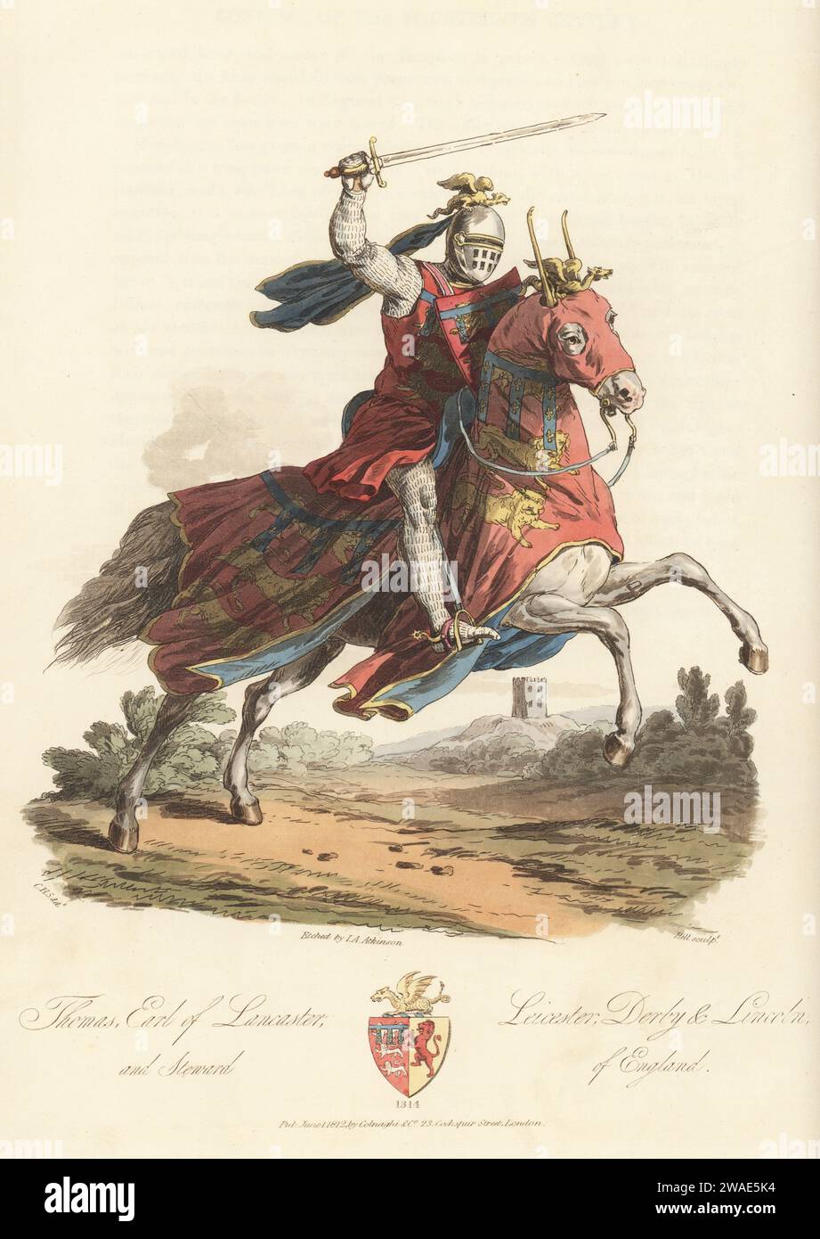 Thomas Crouchback, 2nd Earl of Lancaster, Leicester, Derby and Lincoln, Steward of England, 14th century. Charging on horseback with sword. In crested helmet, chainmail suit, emblazoned surcoat, shield and caparison. From his seal in the Cotton Library. Handcoloured copperplate engraving etched by John Augustus Atkinson, aquatinted by John Hill, after an illustration by Charles Hamilton Smith from his own Selections of Ancient Costume of Great Britain and Ireland, Colnaghi and Co., London, 1814. Stock Photo