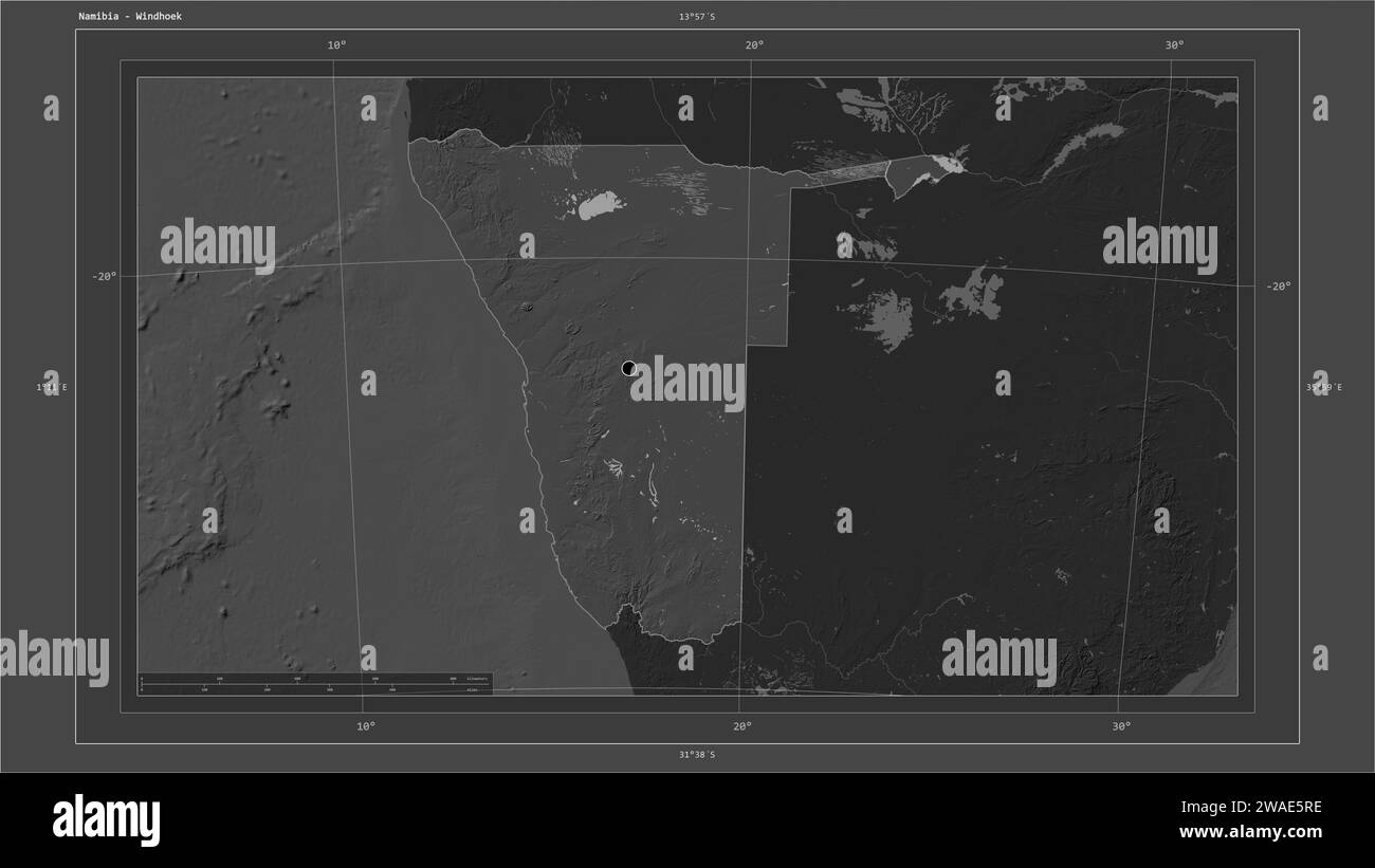 Namibia highlighted on a Bilevel elevation map with lakes and rivers
