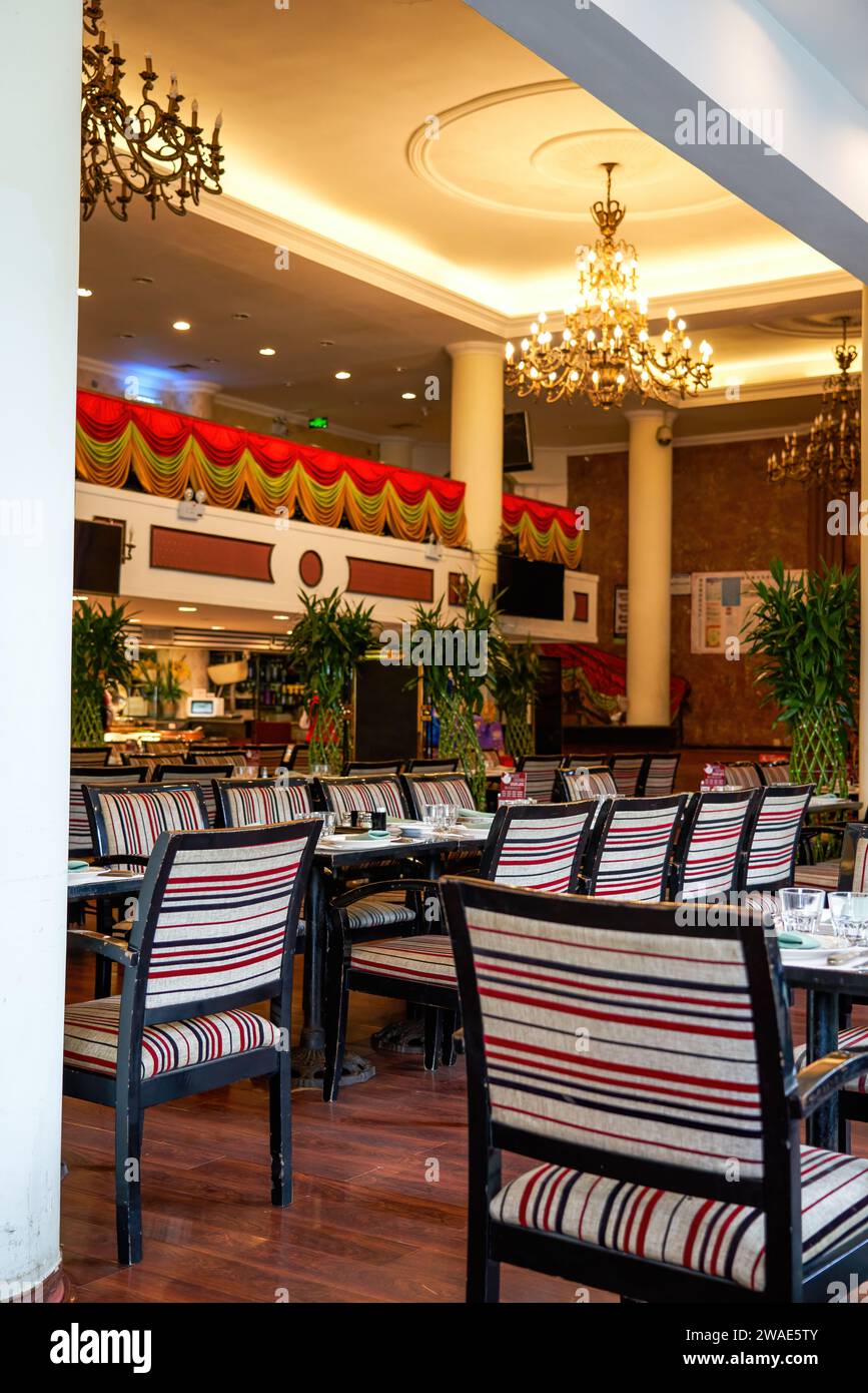 Interior view of a luxurious and cozy Brazilian barbecue restaurant ...