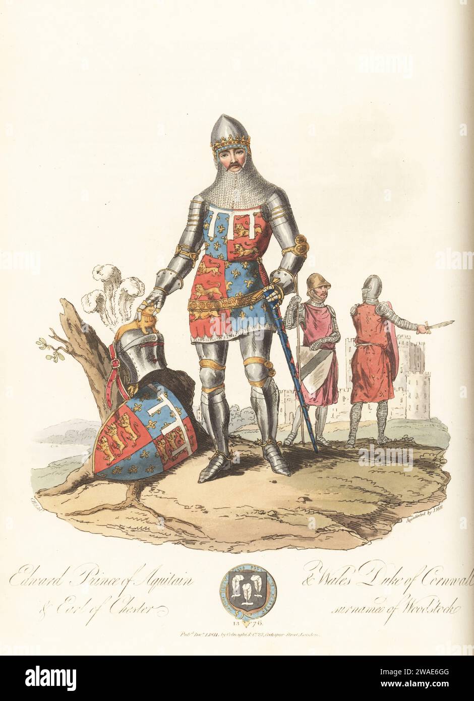 Edward of Woodstock, the Black Prince, Prince of Aquitain and Wales, Duke of Cornwall, Earl of Chester, 1330-1376. In skullcap with coronet, chainmail gorget, suit of plate armour and emblazoned surcoat, great helm with three plumes and armorial shield. From his copper effigy in Canterbury Cathedral. In the background, two soldiers and Rochester Castle. Handcoloured copperplate engraving aquatinted by John Hill after an illustration by Charles Hamilton Smith from his own Selections of Ancient Costume of Great Britain and Ireland, Colnaghi and Co., London, 1814. Stock Photo