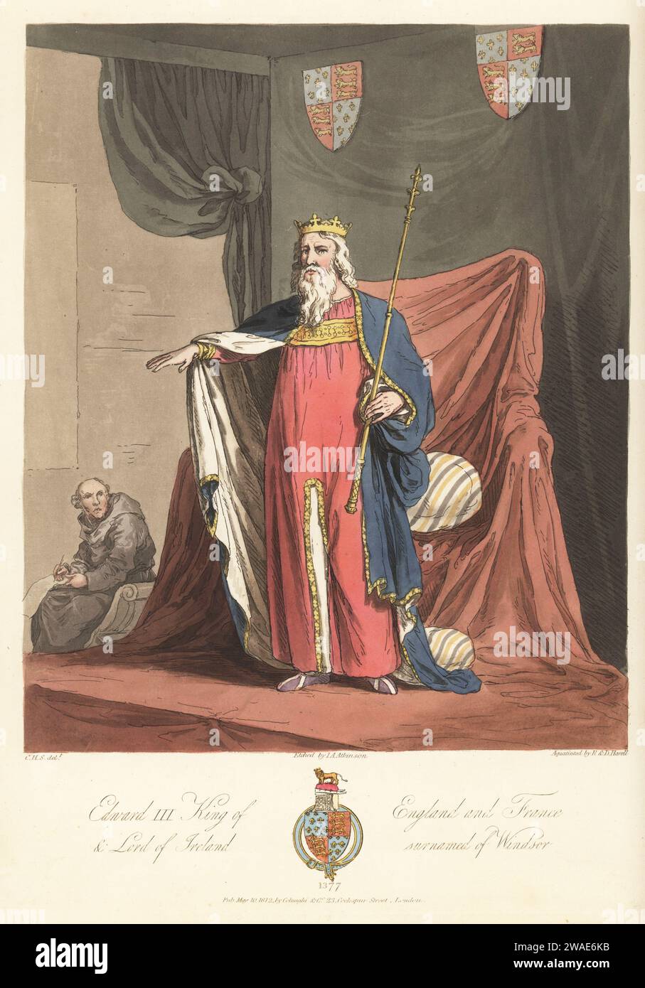 King Edward III of England and France, Lord of Ireland, surnamed of Windsor, 1377. In crown, fur-lined regal mantle and tunic, holding a sceptre. From his tomb effigy in Westminster Abbey. Throne and scribe writing on paper from Cotton MS Nero E II. Handcoloured copperplate engraving etched by John Augustus Atkinson, aquatinted by Robert and Daniel Havell, after an illustration by Charles Hamilton Smith from his own Selections of Ancient Costume of Great Britain and Ireland, Colnaghi and Co., London, 1814. Stock Photo