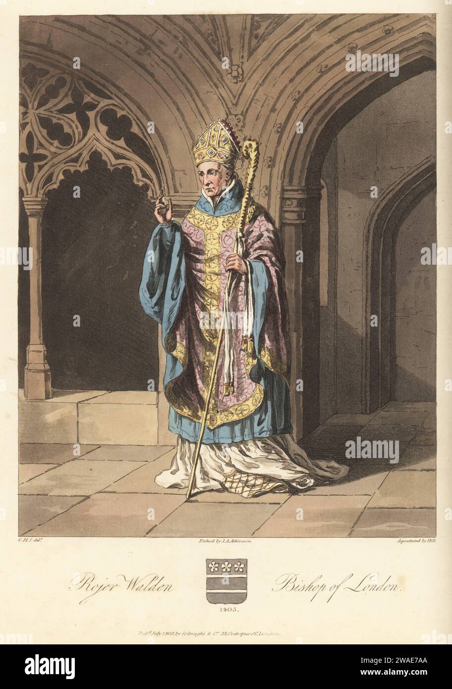 Roger Walden, Bishop of London, Treasurer, died 1406. Bishop in bejeweled mitre, embroidered surplice and albe, holding a gold crozier. From a stained glass in St. Mary's Guildhall, Coventry. Handcoloured copperplate engraving etched by John Augustus Atkinson, aquatinted by John Hill, after an illustration by Charles Hamilton Smith from his own Selections of Ancient Costume of Great Britain and Ireland, Colnaghi and Co., London, 1814. Stock Photo