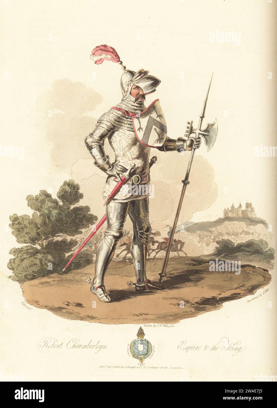 Robert Chaumberleyn, Esquire to King Henry V, 15th century. In full battle armour with vizored helmet, flowered silver surcoat, plate armour, emblazoned shield, armed with battle axe, sword and daggers. With Sir Thomas Erpingham's coat of arms. From Benefactor's Book, Cotton MS Nero D VII, f. 142v. Handcoloured copperplate engraving etched by John Augustus Atkinson, aquatinted by John Hill, after an illustration by Charles Hamilton Smith from his own Selections of Ancient Costume of Great Britain and Ireland, Colnaghi and Co., London, 1814. Stock Photo