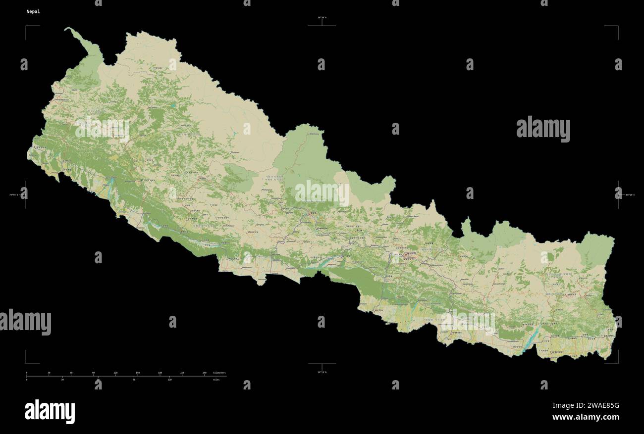 Shape of a topographic, OSM Humanitarian style map of the Nepal, with