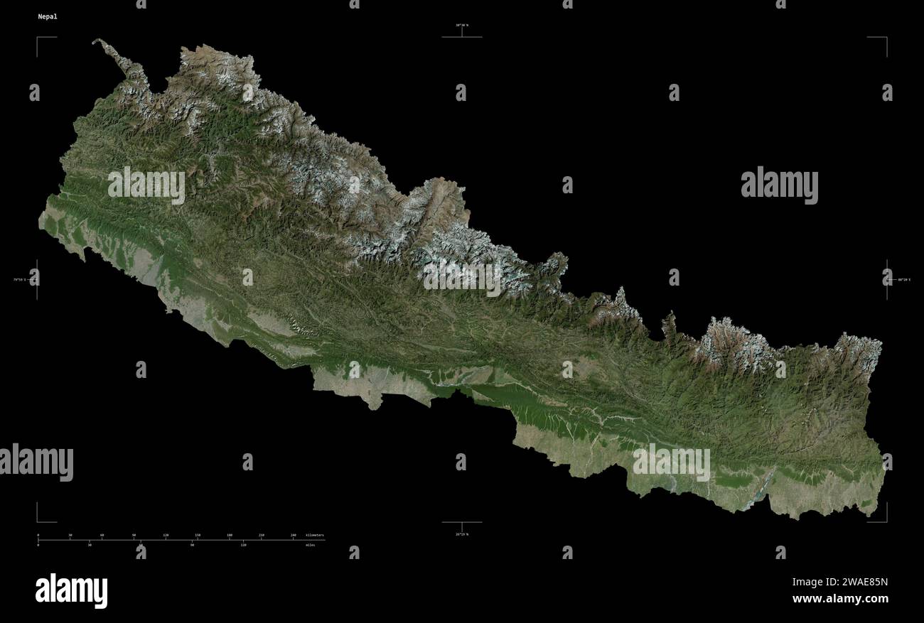 Shape of a high resolution satellite map of the Nepal, with distance scale and map border