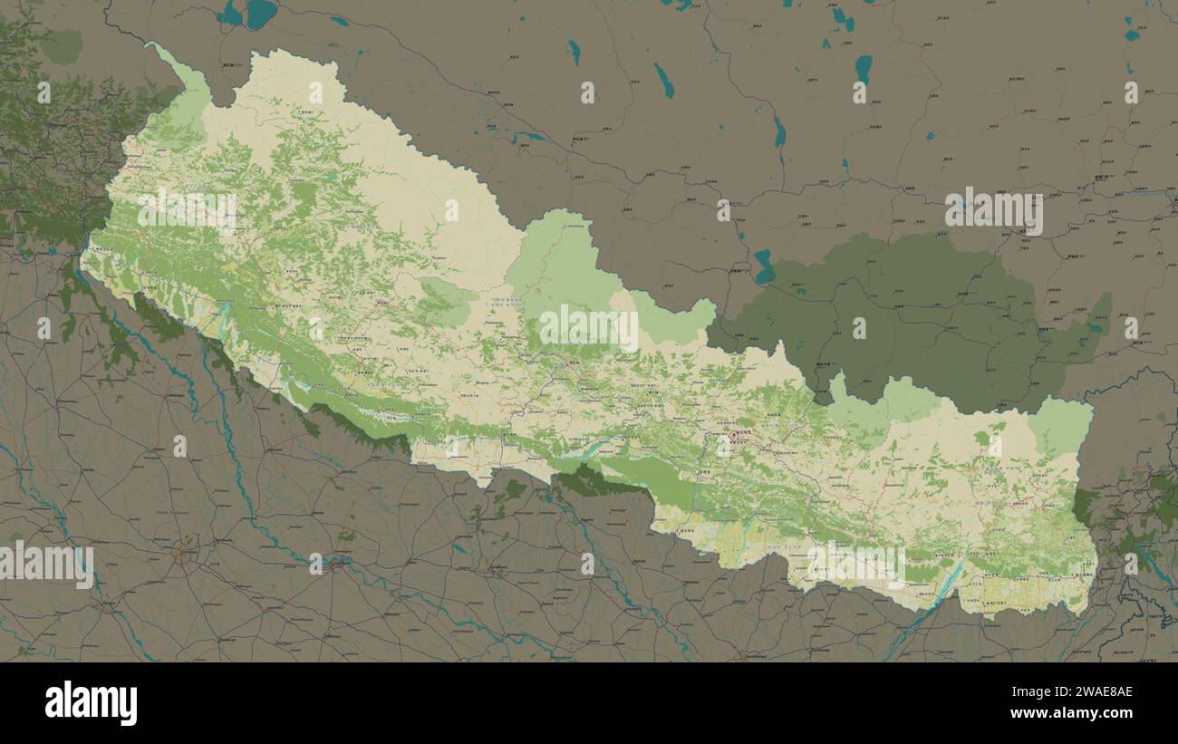 Nepal highlighted on a topographic, OSM Humanitarian style map Stock ...