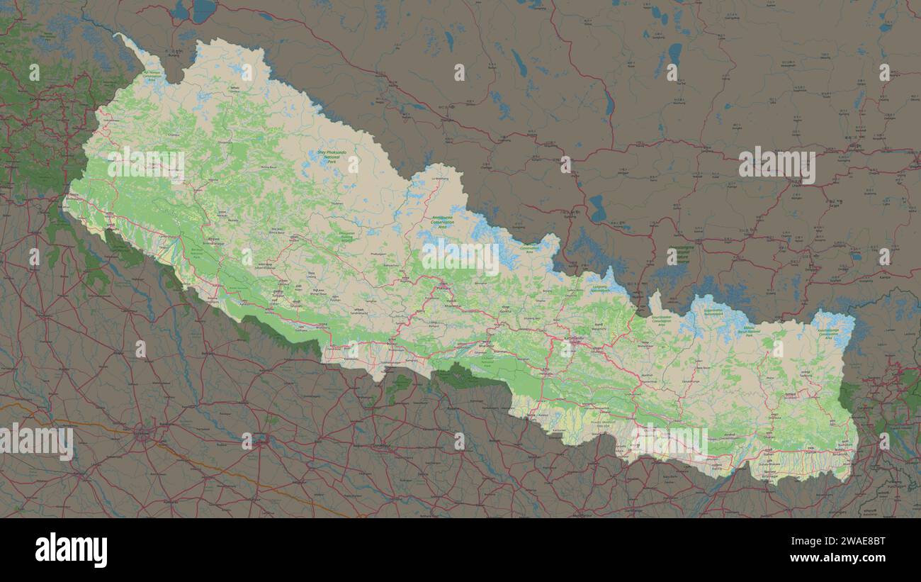 Nepal highlighted on a topographic, OSM Germany style map Stock Photo ...