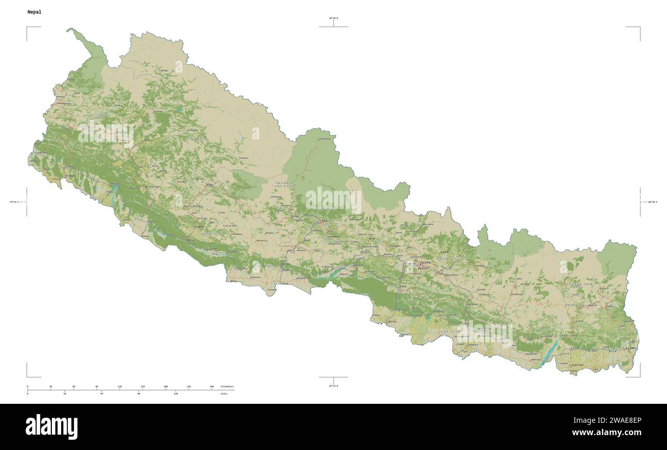 Shape of a topographic, OSM Humanitarian style map of the Nepal, with ...