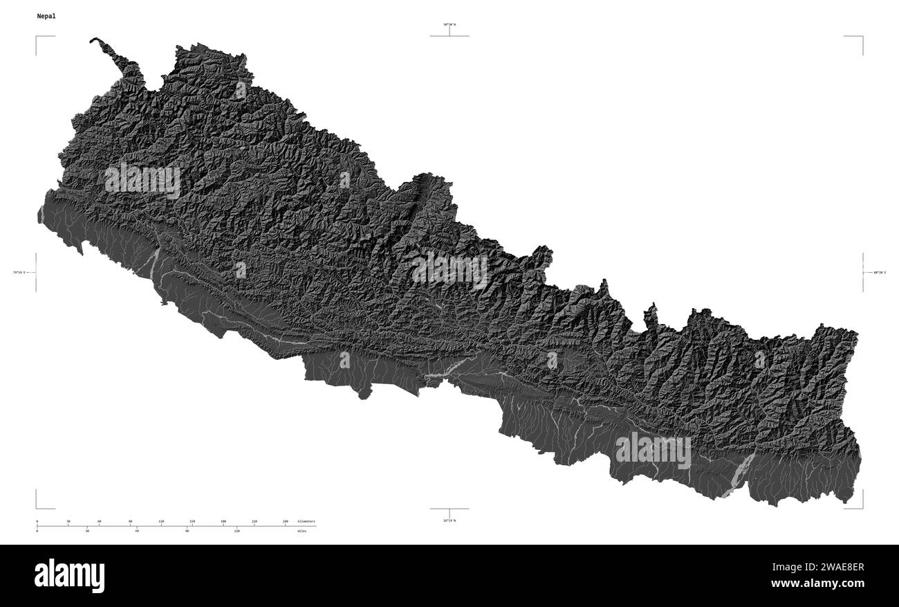 Shape of a Bilevel elevation map with lakes and rivers of the Nepal