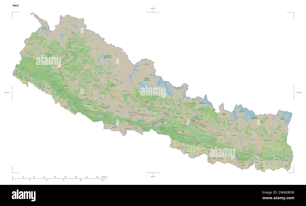 Shape of a topographic, OSM standard style map of the Nepal, with ...