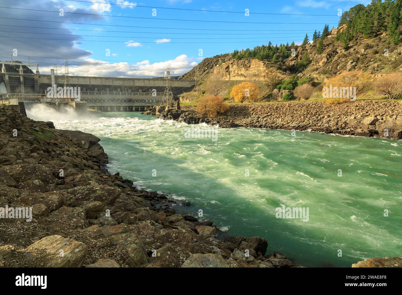 The surging Clutha River just downstream from the Roxburgh Hydro Dam in the South Island of New Zealand Stock Photo