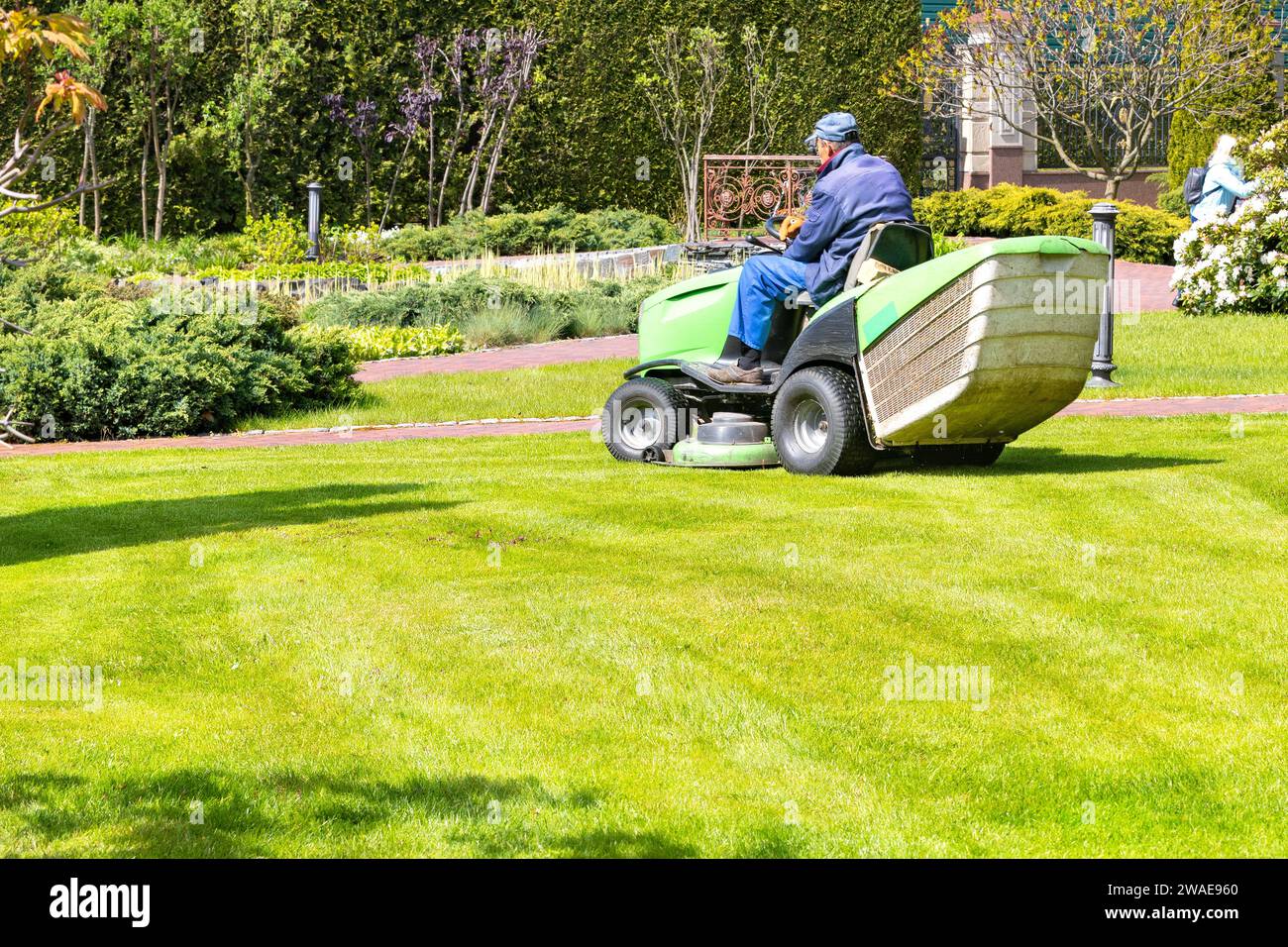 A gardener on an industrial tractor mower takes care of a green lawn on a clear sunny day, copy space. Stock Photo