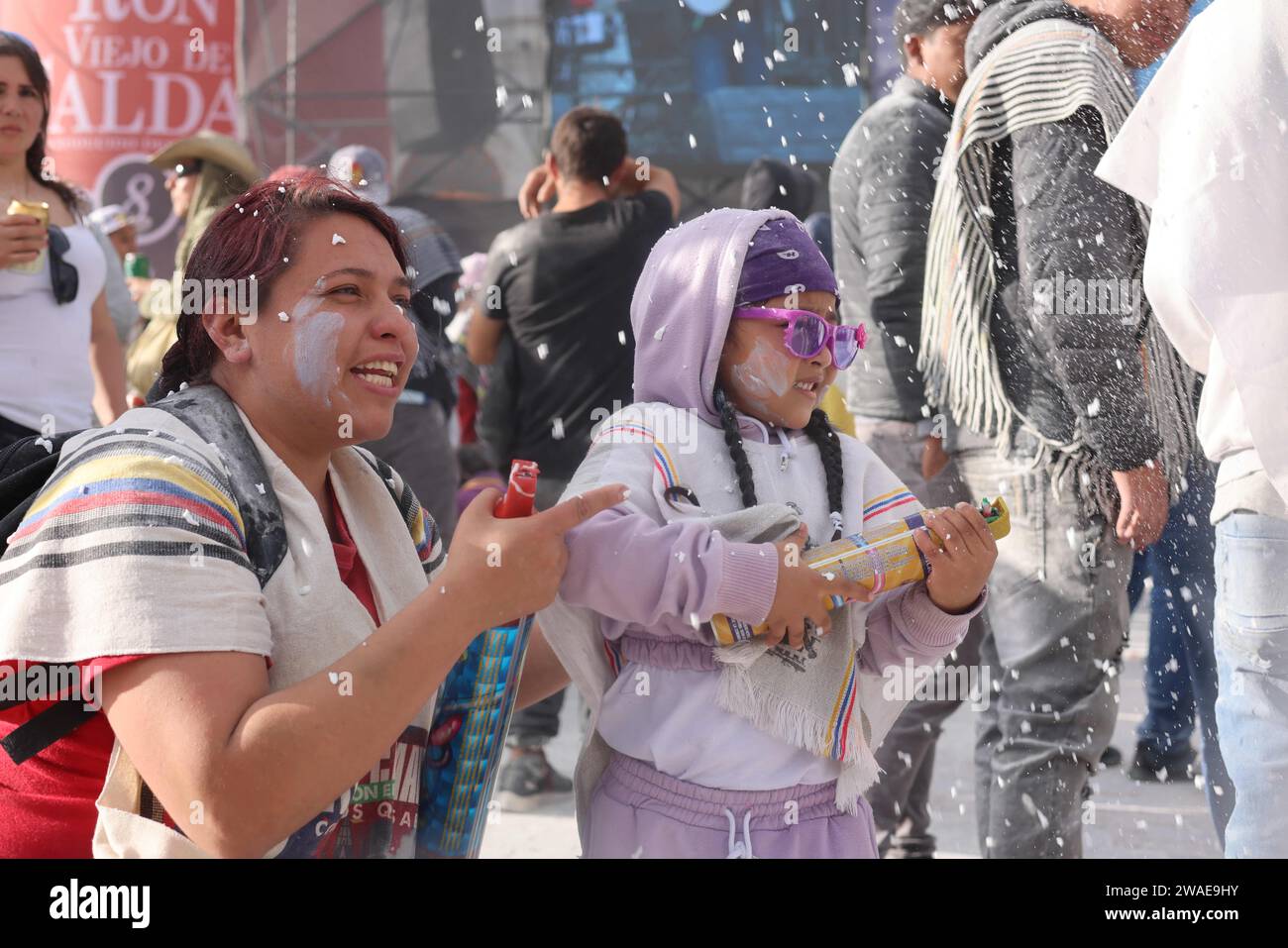 Pasto. 3rd Jan, 2024. Revelers enjoy their time during the Carnival of Blacks and Whites in Pasto, Colombia on Jan. 3, 2024. The carnival was inscribed on the UNESCO Representative List of the Intangible Cultural Heritage of Humanity in 2009. Credit: Zhou Shengping/Xinhua/Alamy Live News Stock Photo