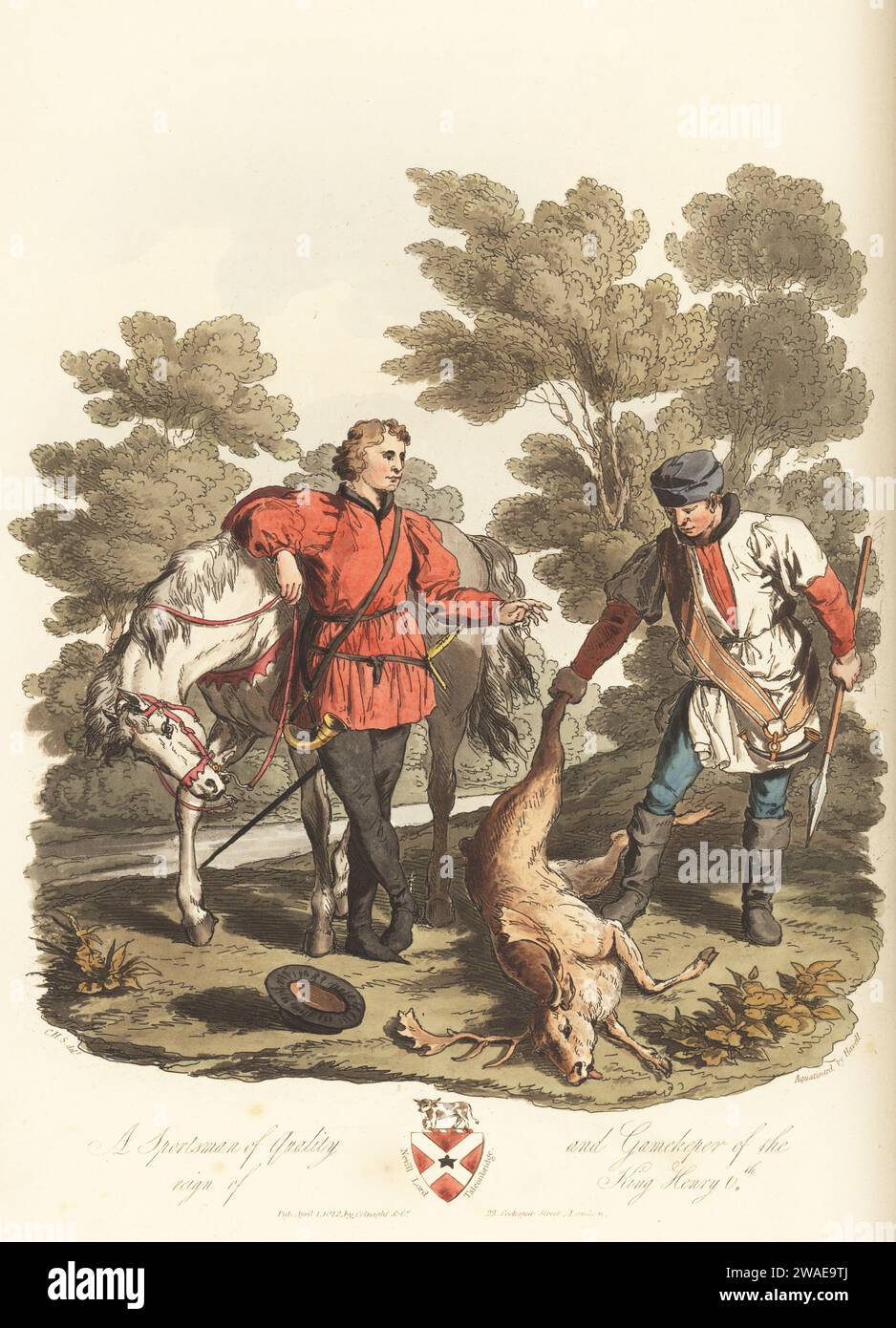 Noble hunter in scarlet doublet with puffed sleeves, black hose, felt hat, with sword and hunting horn. Gamekeeper in smock, bawdrick, girdle and boots, with short boar spear. Coat of arms of Nevill, Lord Talconbridge. Sportsman from an illuminated missal, gamekeeper from Cotton MS Augustus A 5. Blazon of William Nevill, Lord Fauconbridge. Handcoloured copperplate engraving etched by John Augustus Atkinson, aquatinted by Havell, after an illustration by Charles Hamilton Smith from his own Selections of Ancient Costume of Great Britain and Ireland, Colnaghi and Co., London, 1814. Stock Photo