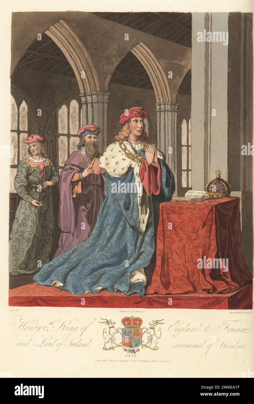 King Henry VI of England and France, at his devotions, 1450. The King wears a crimson velvet cap, sky-blue gown lined with ermine, large gold chain. He kneels at a covered table with missal and crown in St. Michael's church, Coventry. From a tapestry in St. Mary's Guildhall, Coventry. Handcoloured copperplate engraving etched by John Augustus Atkinson, aquatinted by Robert Havell, after an illustration by Charles Hamilton Smith from his own Selections of Ancient Costume of Great Britain and Ireland, Colnaghi and Co., London, 1814. Stock Photo