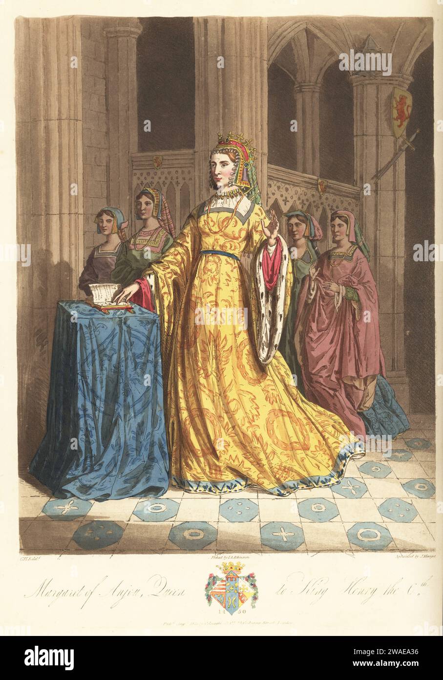 Margaret of Anjou, Queen of King Henry VI of England, 1450. In coronet headdress and veil studded with pearls, gown in cloth of gold, hanging sleeves lined with ermine. Attended by several ladies of the court in gable headdresses in a cathedral. Adapted from the tapestry in St. Mary's Guildhall, Coventry. Handcoloured copperplate engraving etched by John Augustus Atkinson, aquatinted by Robert Havell, after an illustration by Charles Hamilton Smith from his own Selections of Ancient Costume of Great Britain and Ireland, Colnaghi and Co., London, 1814. Stock Photo