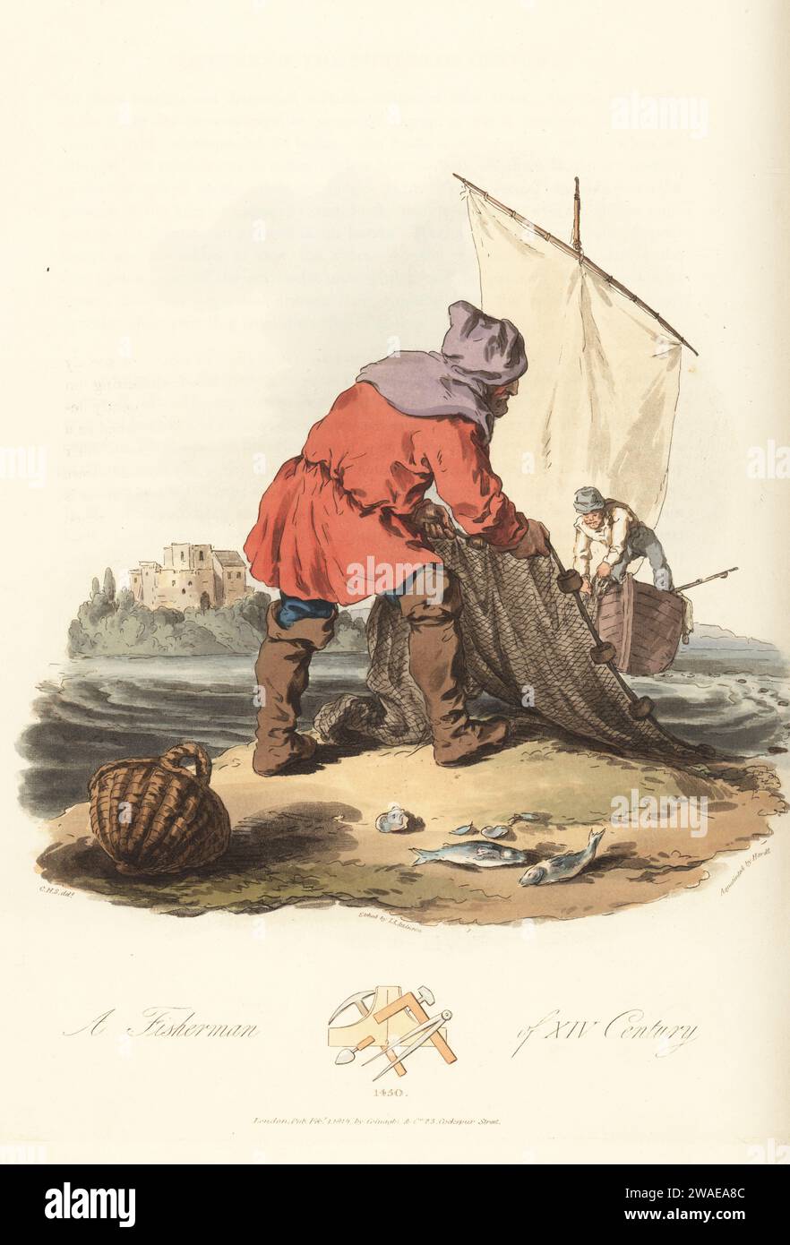 English fisherman of the 15th century. In hood, red baize smock, belt and boots, holding a fishing net on the shore. Tools and implements of masons below. From a manuscript Harley 2838. Handcoloured copperplate engraving etched by John Augustus Atkinson, aquatinted by John Hill, after an illustration by Charles Hamilton Smith from his own Selections of Ancient Costume of Great Britain and Ireland, Colnaghi and Co., London, 1814. Stock Photo