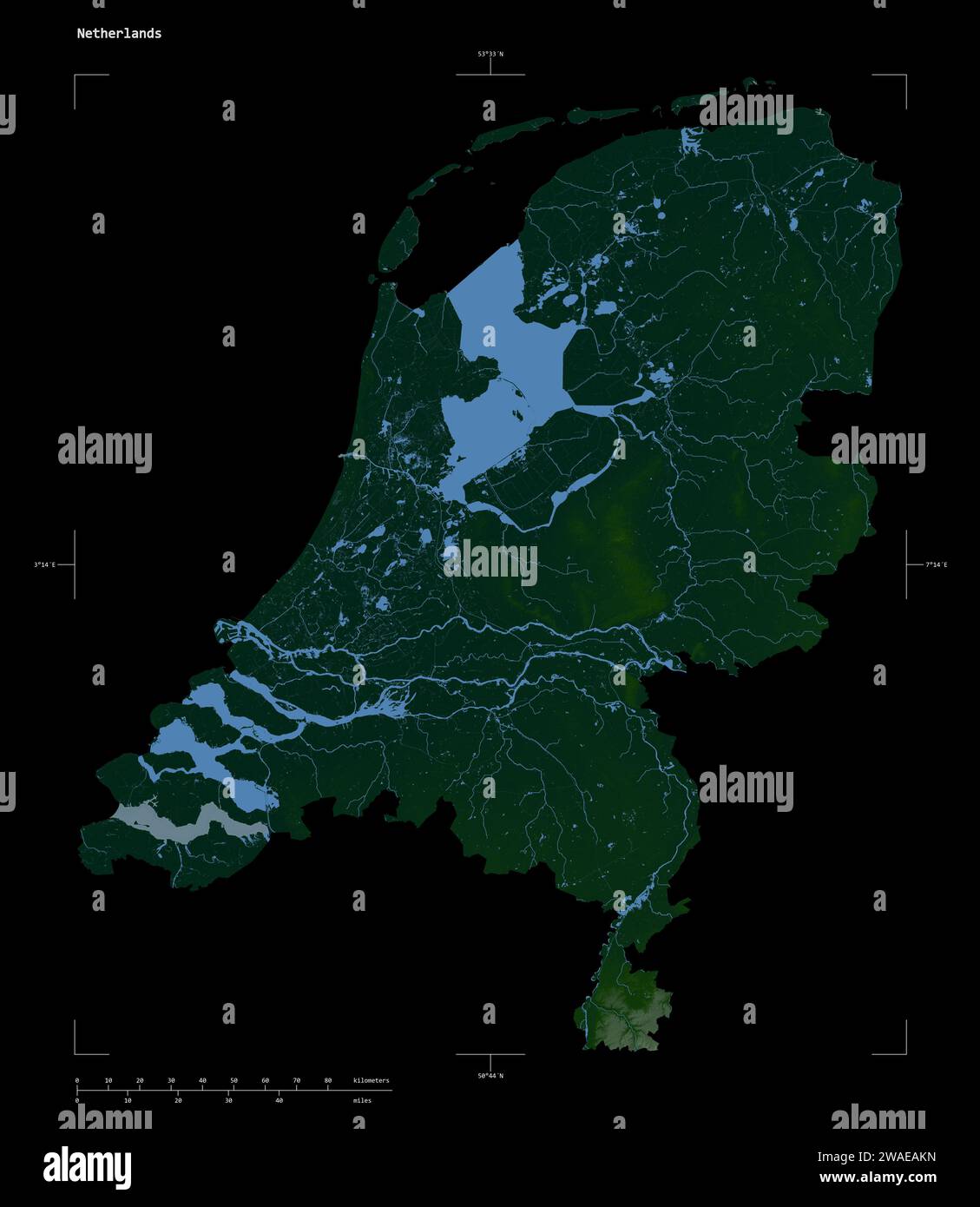Shape Of A Colored Elevation Map With Lakes And Rivers Of The Shape Of A Colored Elevation Map With Lakes And Rivers Of The Netherlands With Distance Scale And Map Border Coordinates Isolated On Black 2WAEAKN