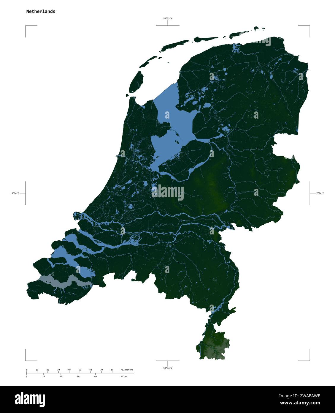 Shape Of A Colored Elevation Map With Lakes And Rivers Of The Shape Of A Colored Elevation Map With Lakes And Rivers Of The Netherlands With Distance Scale And Map Border Coordinates Isolated On White 2WAEAWE