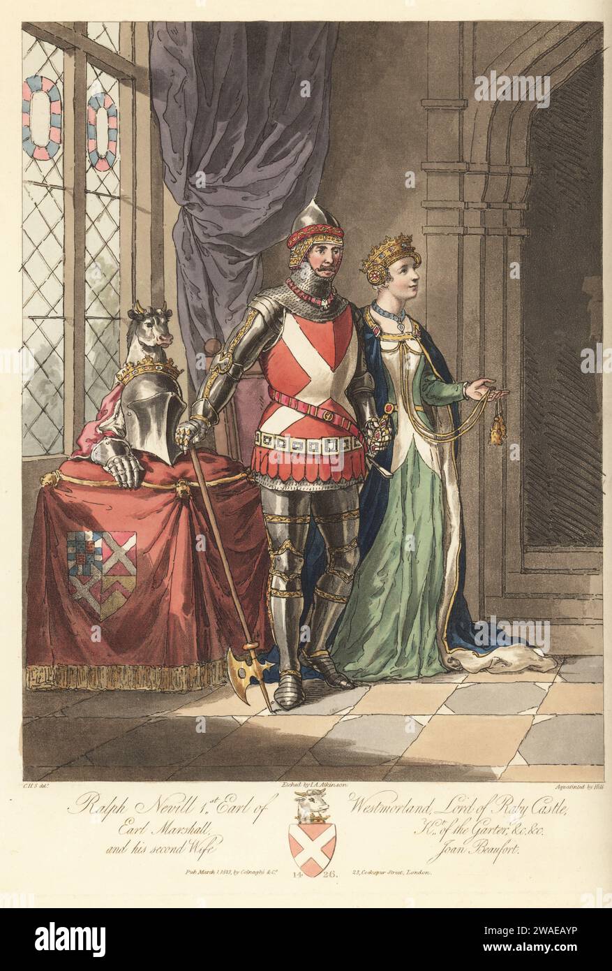 Ralph Neville, 1st Earl of Westmorland, Lord of Raby Castle, Earl Marshall, c.1364-1425. In pointed skullcap, chainmail gorget, suit of plate armour edged with fretwork, armorial surcoat, military girdle, sword belt, battle axe. Tilting helm with bull's head crest on a cushion. With his second wife Joan Beaufort, in coronet, fur-lined mantle, gown, c.1377-1440. From the alabaster tomb effigies in Staindrop Church, Durham. Blazon, Gules, a saltier argent. Handcoloured copperplate engraving etched by John Augustus Atkinson, aquatinted by John Hill, after an illustration by Charles Hamilton Smith Stock Photo