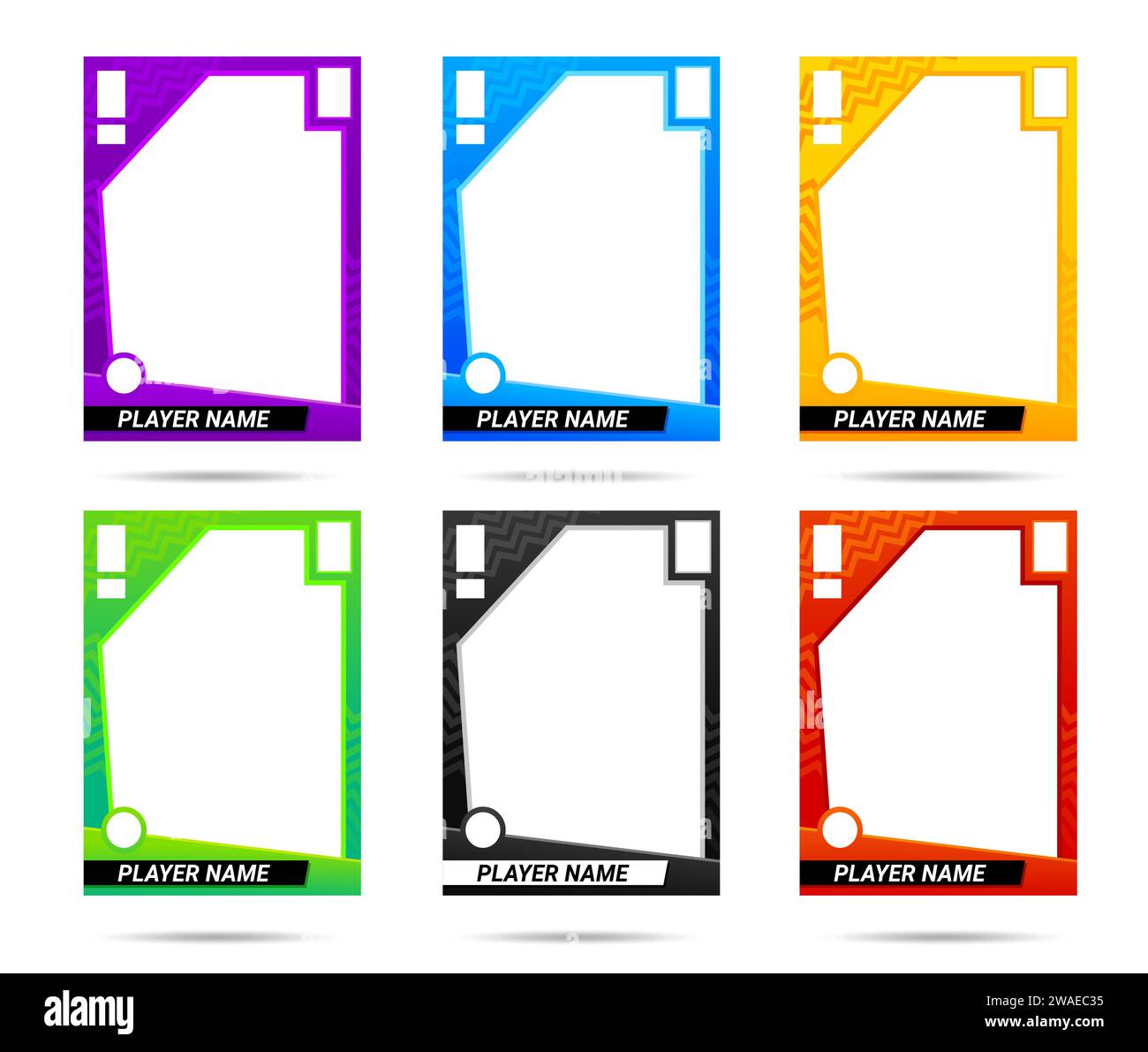 Sport trading card frames, team player photo picture vector templates. Sportsman or game player sport trading cards with copy space background and name layouts collection with rectangle blank design Stock Vector