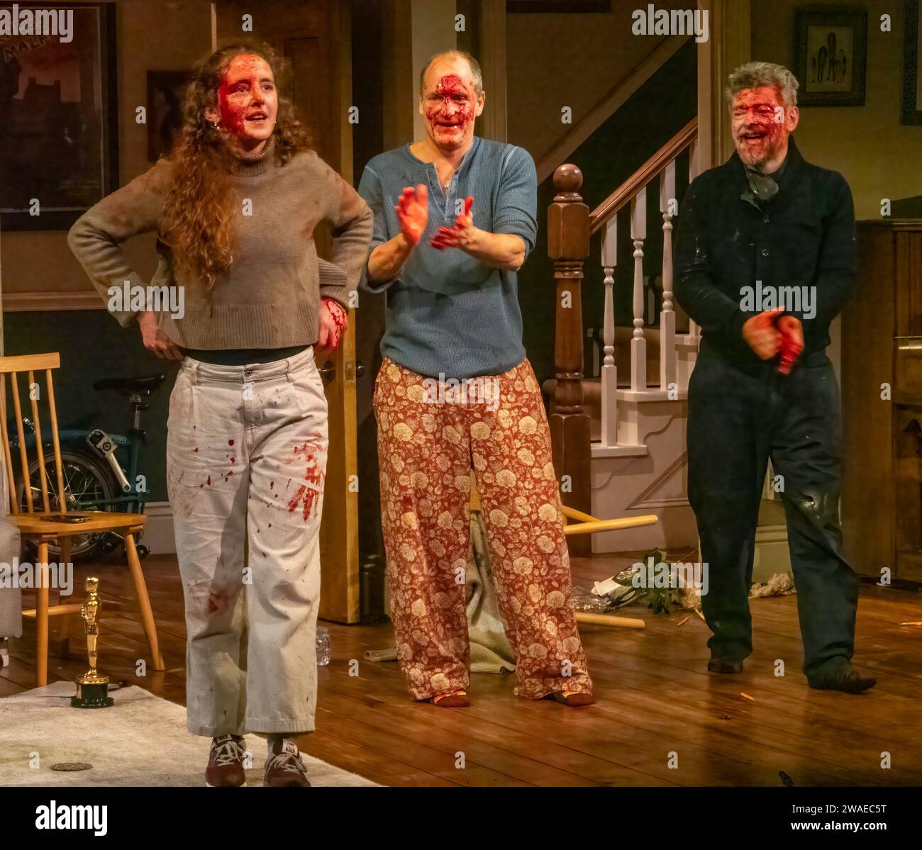 curtain call for Ulster American, starring Woody Harrelson, Andy Serkis and Louisa Harland, Riverside Studios, London, UK Stock Photo