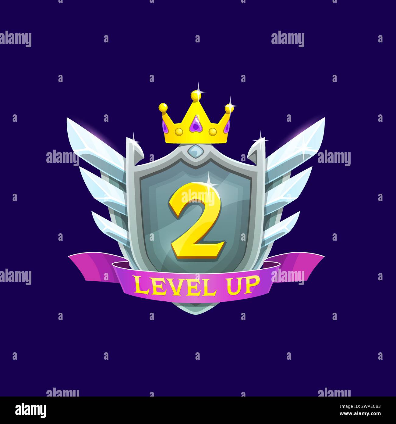 Game interface level up metal badge, win icon with steel wings and ...