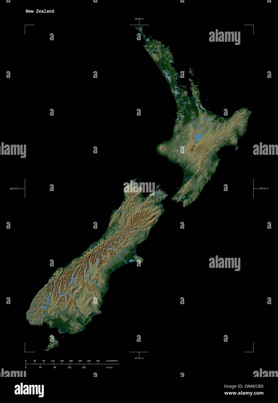 Shape of a Colored elevation map with lakes and rivers of the New Zealand, with distance scale