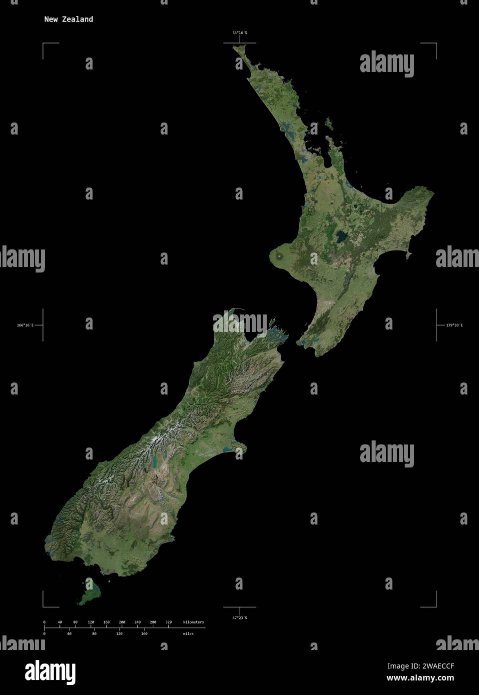 Shape of a high resolution satellite map of the New Zealand, with distance scale and map border