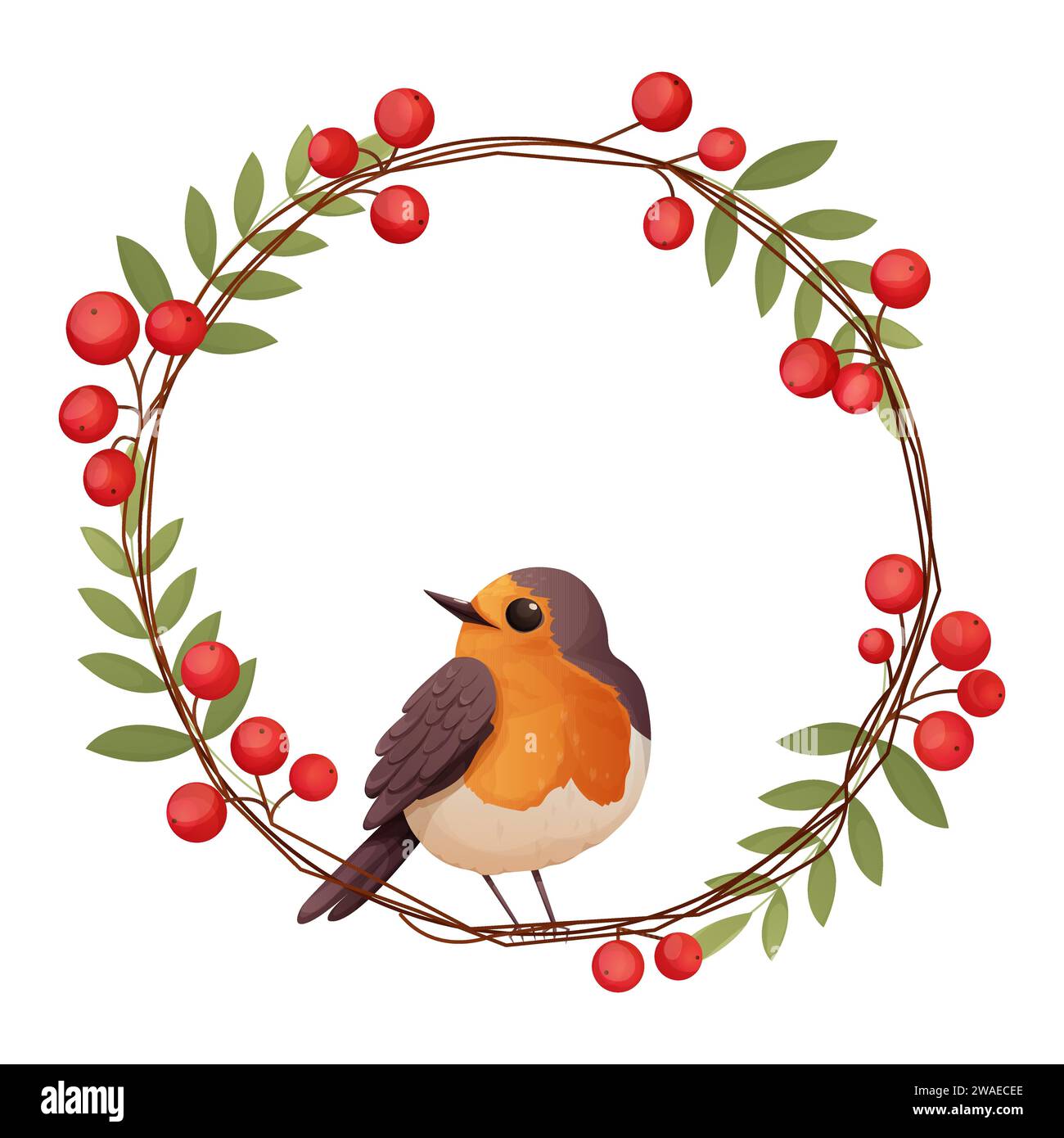 Robin bird with wreath cute little bird character on branch in cartoon