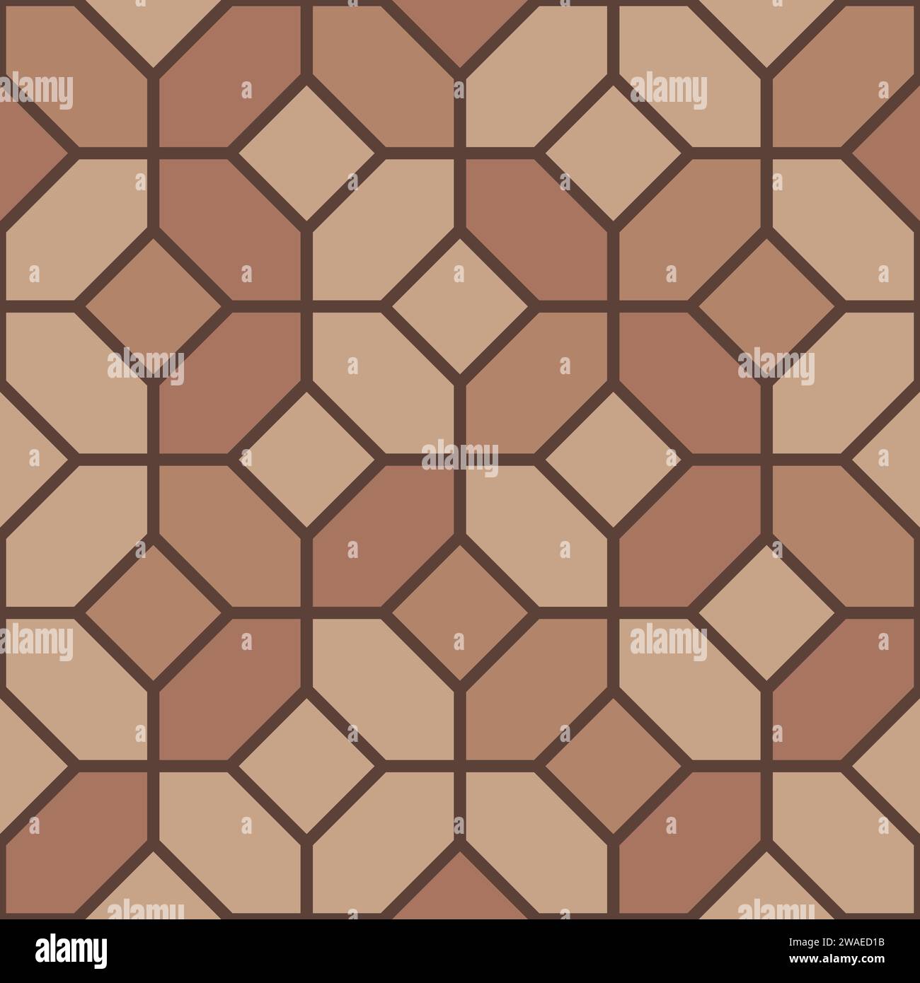 Brown Mediterranean tile pavement top view pattern, street cobblestone, garden sidewalk mosaic with hexagonal blocks. Vector road paving bricks. Flooring laminate or parquet for interior or exterior Stock Vector