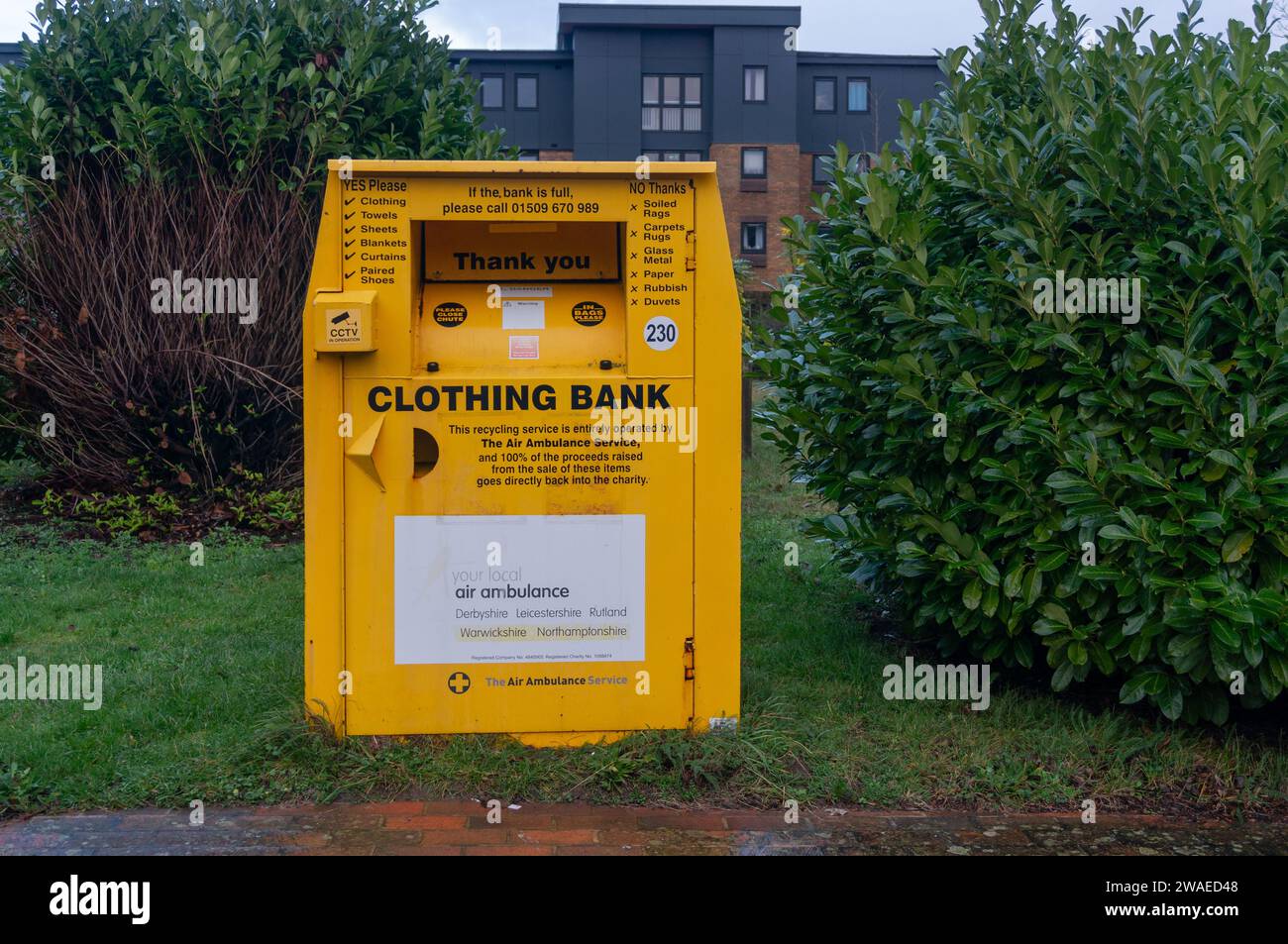 Air Ambulance drop off clothing bank, to raise money for the charity, Hunsbury, Northampton, UK Stock Photo