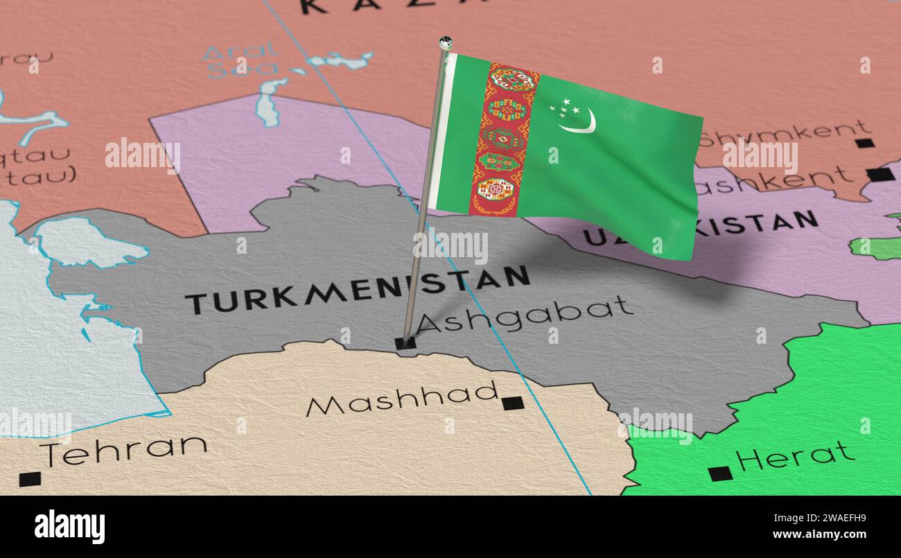 Turkmenistan, Ashgabat - national flag pinned on political map - 3D ...