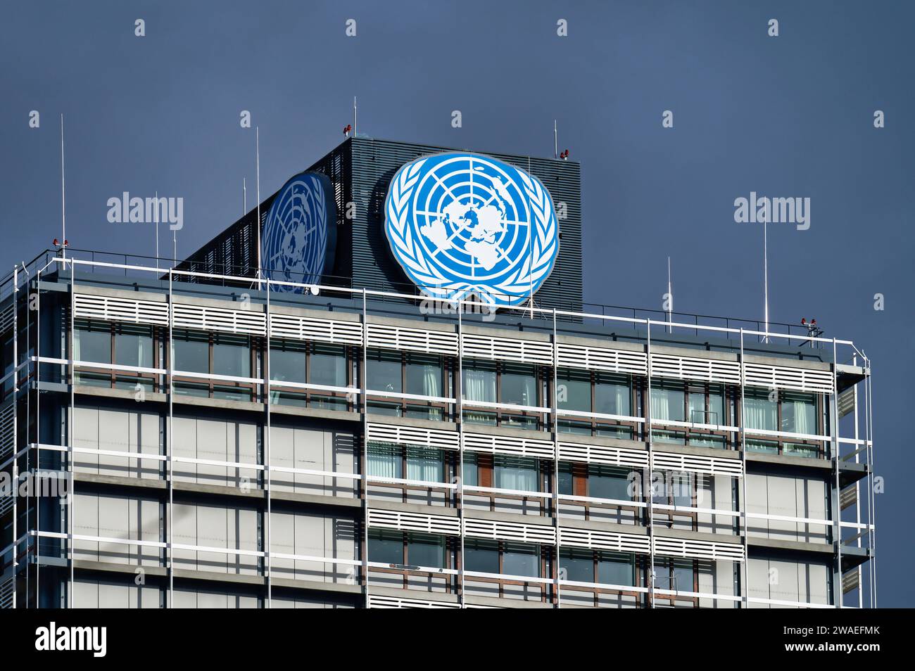 Bonn, Germany January 03 2024: UN emblem on the former parliamentary tower known as Langer Eugen now the center of the UN Campus Bonn Stock Photo