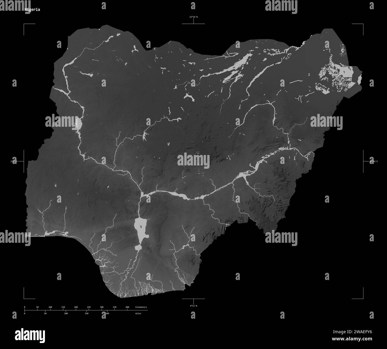 Shape of a Grayscale elevation map with lakes and rivers of the Nigeria