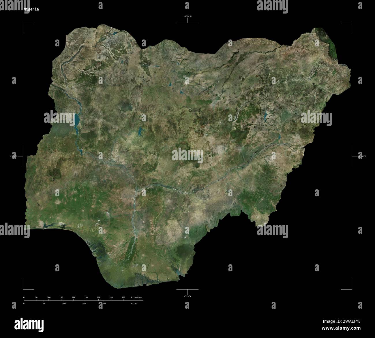 Shape of a high resolution satellite map of the Nigeria, with distance