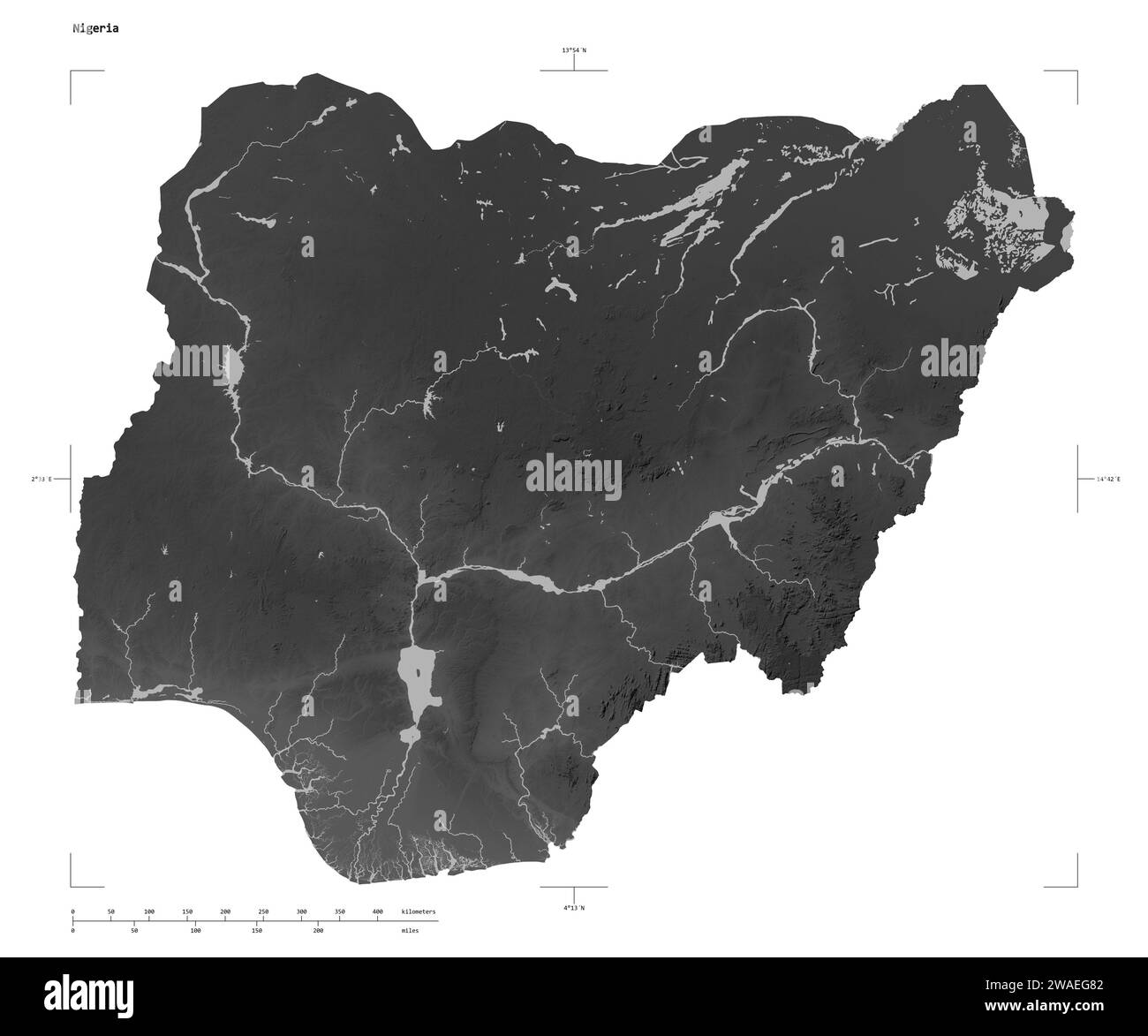 Shape of a Grayscale elevation map with lakes and rivers of the Nigeria