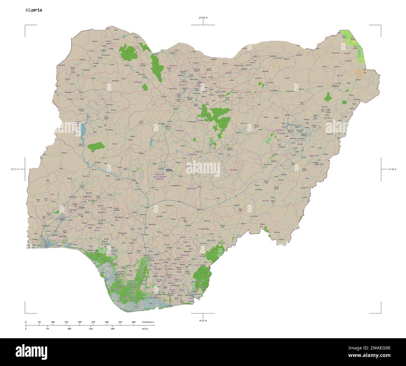 Shape of a topographic, OSM France style map of the Nigeria, with ...